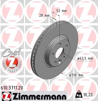 Brzdový kotouč ZIMMERMANN 610.3711.20 Brzdový kotouč ZIMMERMANN 610.3711.20