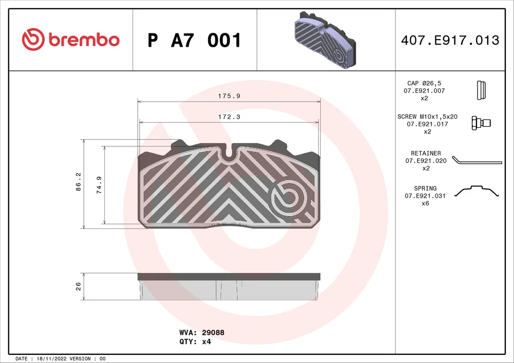Sada brzdových destiček, kotoučová brzda BREMBO PA7001