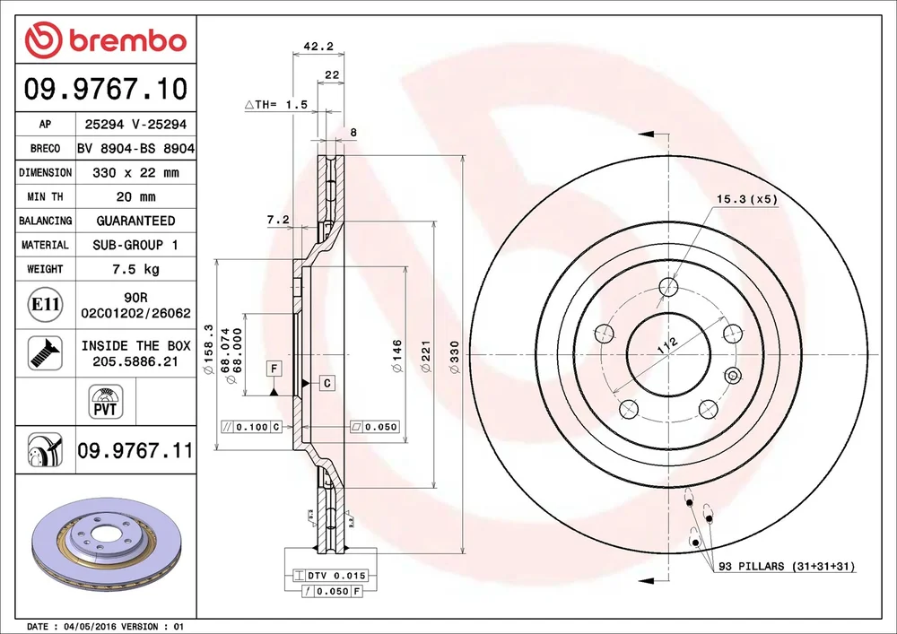 Brzdový kotouč BREMBO 09.9767.11 – OE 4F0615601B