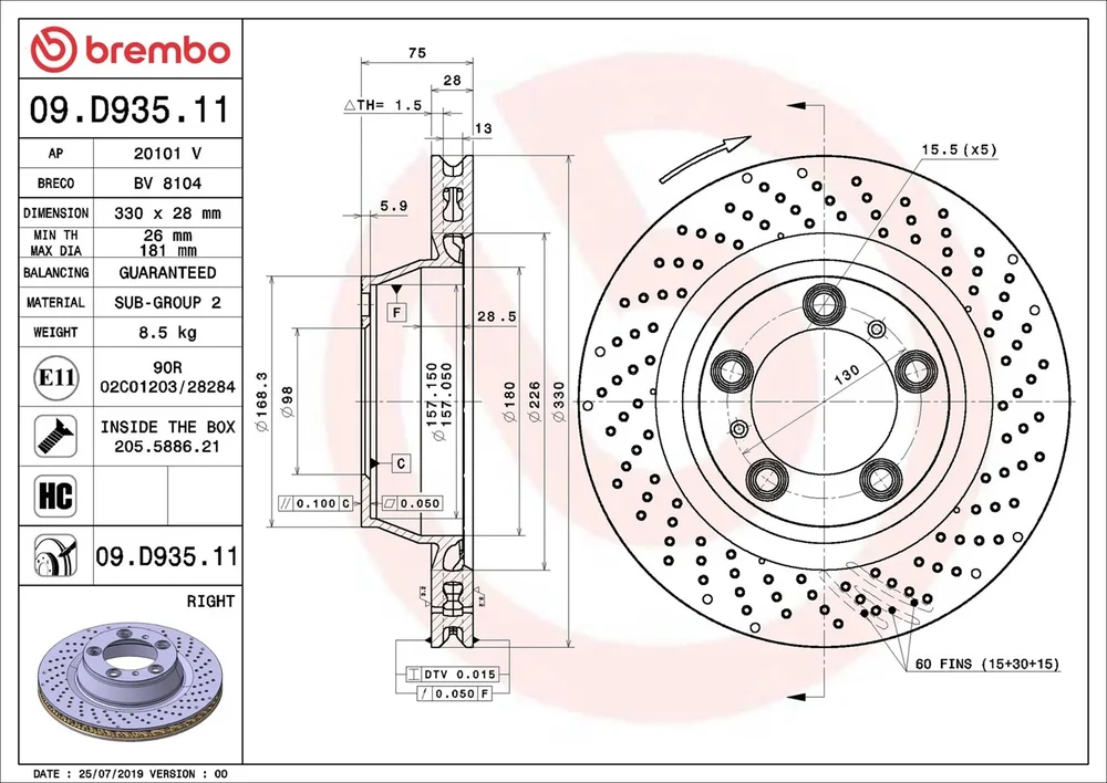 Brzdový kotouč BREMBO 09.D935.11 – OE 99135240200