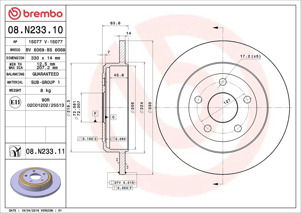 Brzdový kotouč BREMBO 08.N233.11