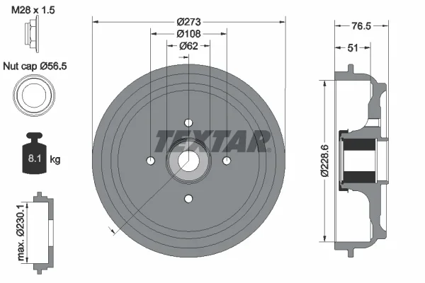 Brzdový buben TEXTAR 94037900 – OE 424750