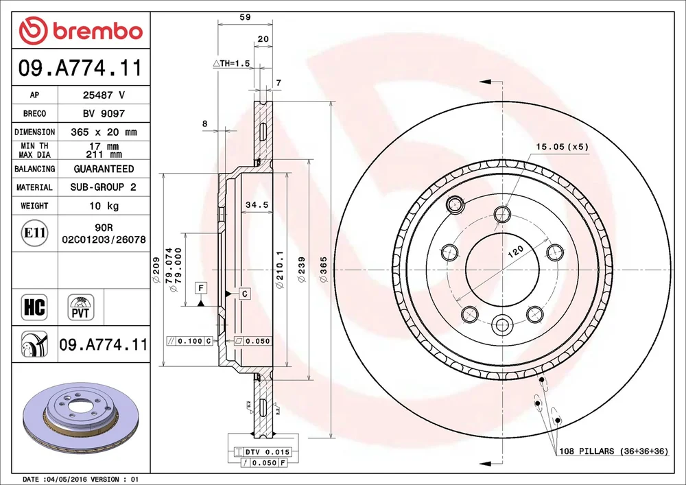 Brzdový kotouč BREMBO 09.A774.11 – OE LR016192