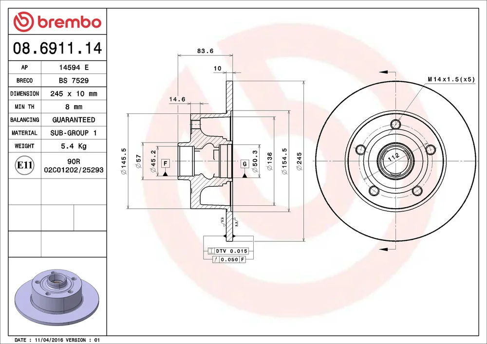 Brzdový kotouč BREMBO 08.6911.14 – OE 8D0615601B