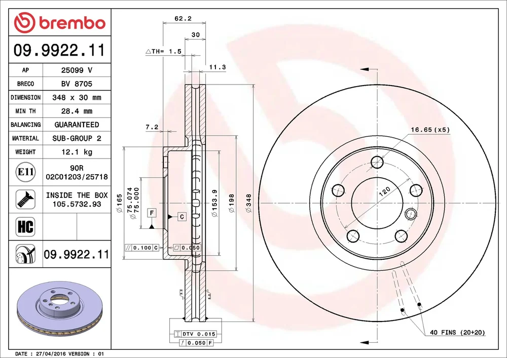 Brzdový kotouč BREMBO 09.9922.11