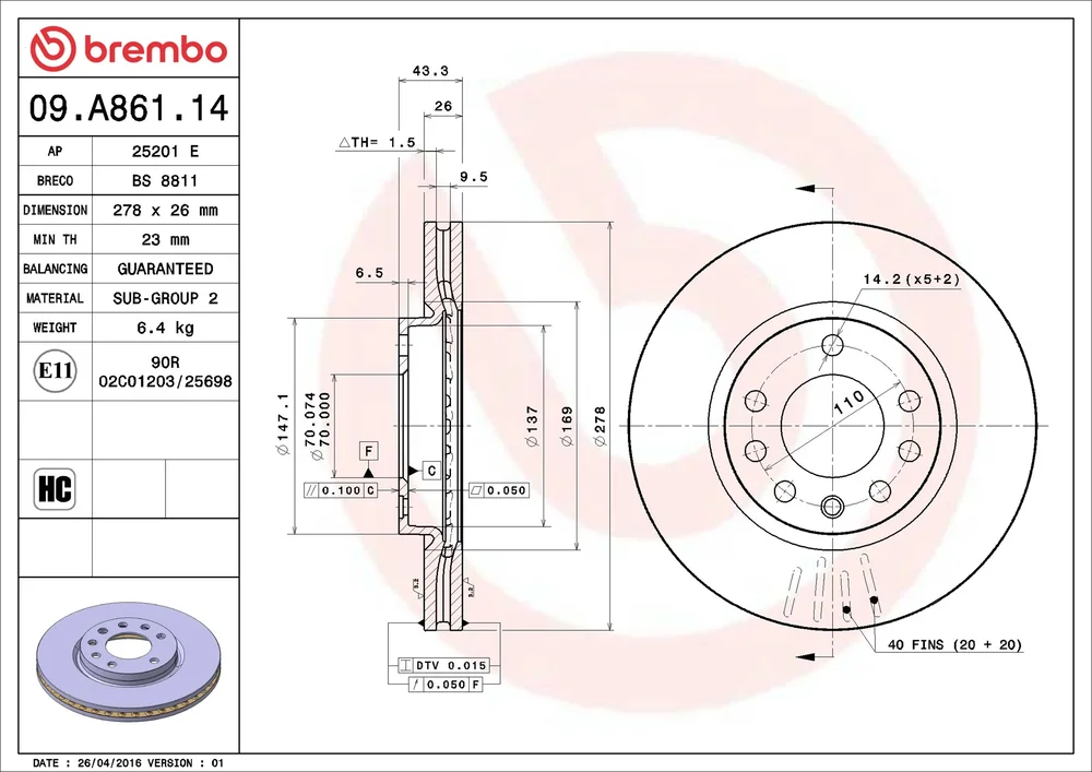 Brzdový kotouč BREMBO 09.A861.14