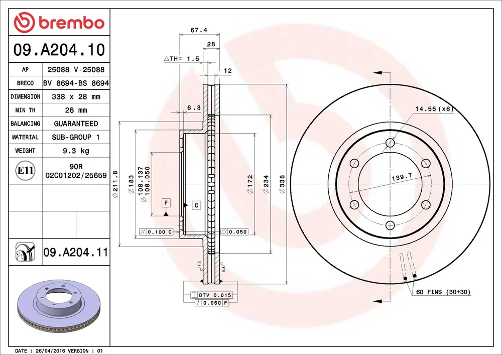 Brzdový kotouč BREMBO 09.A204.11
